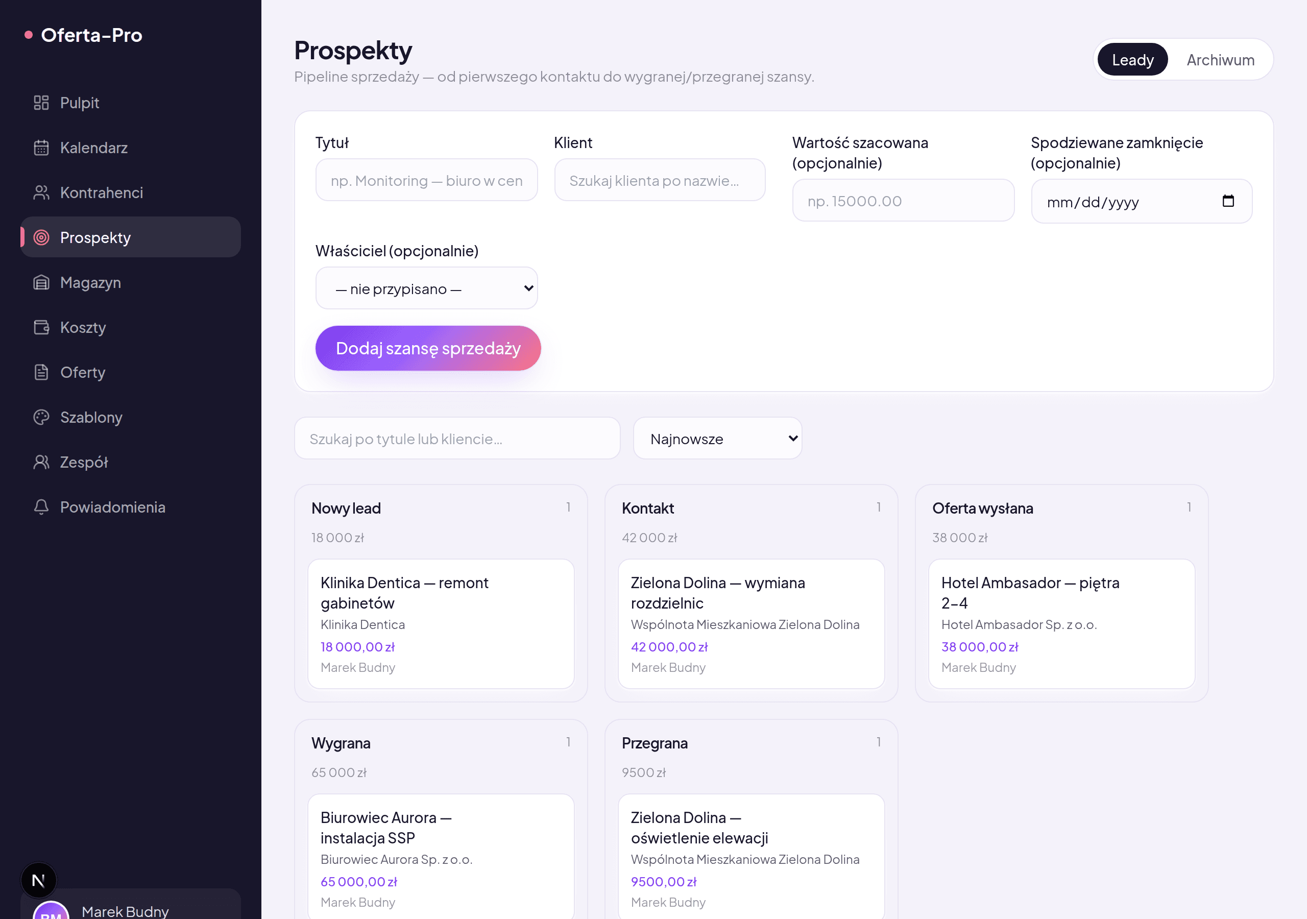 Tablica kanban pipeline'u sprzedaży